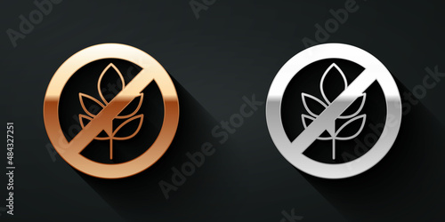 Gold and silver Gluten free grain icon isolated Gold and silver background. No wheat sign. Food intolerance symbols. Long shadow style. Vector