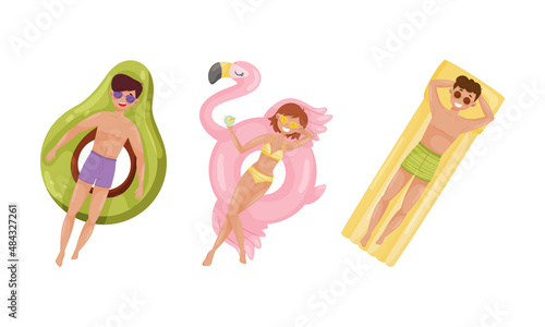 People floating on air mattresses in swimming pool set. Top view of relaxed people sunbathing on inflatable avocado and flamingo cartoon vector illustration