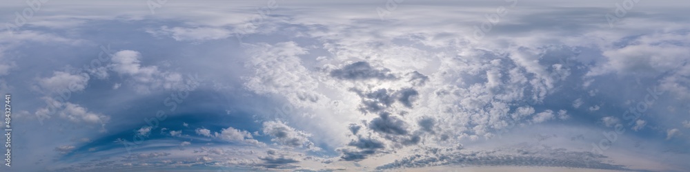 Blue sky panorama with Cirrus clouds in Seamless spherical equirectangular format. Full zenith for use in 3D graphics, game and editing aerial drone 360 degree panoramas for sky replacement. Blue sky panorama with Cirrus clouds in Seamless spherical equirectangular format. Full zenith for use in 3D graphics, game and editing aerial drone 360 degree panoramas for sky replacement.