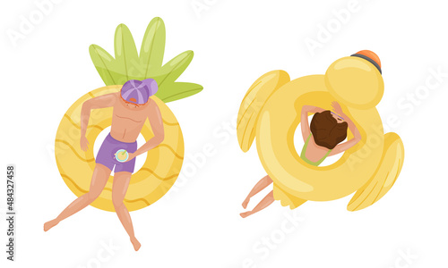 People floating on air mattresses in swimming pool set. Top view of relaxed woman and man sunbathing on inflatable rings cartoon vector illustration