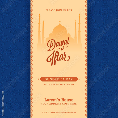 Dawat-E-Iftar Invitation Card With Silhouette Mosque And Event Details In Orange And Blue Color. photo