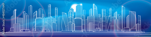 Modern town. Urban city complex. Business center. Neon Citycape pamorama. Infrastructure outlines illustration. White lines on glow blue background. Vector design art