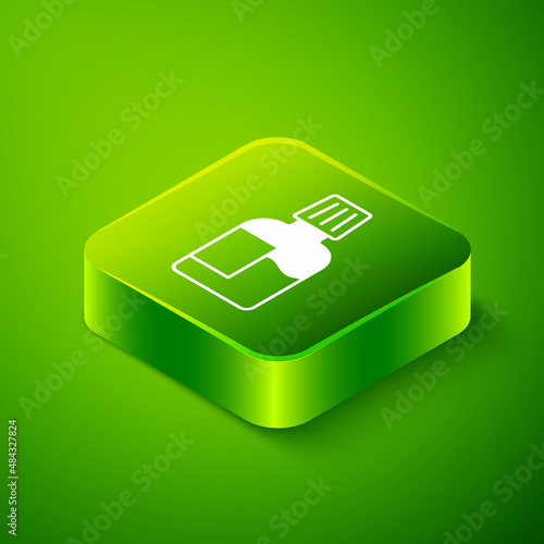 Isometric Mouthwash plastic bottle icon isolated on green background. Liquid for rinsing mouth. Oralcare equipment. Green square button. Vector