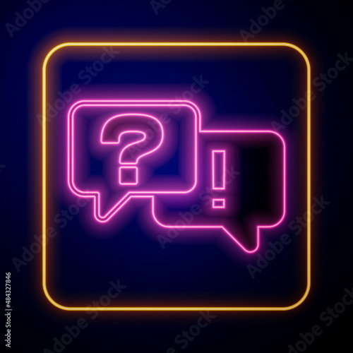 Glowing neon Speech bubbles with Question and Answer icon isolated on black background. Q and A symbol. FAQ sign. Chat speech bubble and chart. Vector