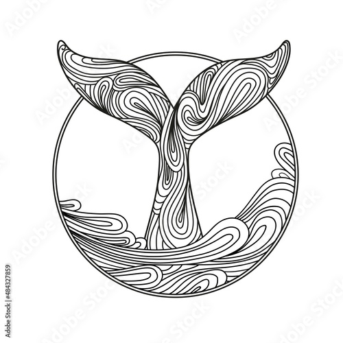 Ornate whale tail. Vector illustration isolated on white background