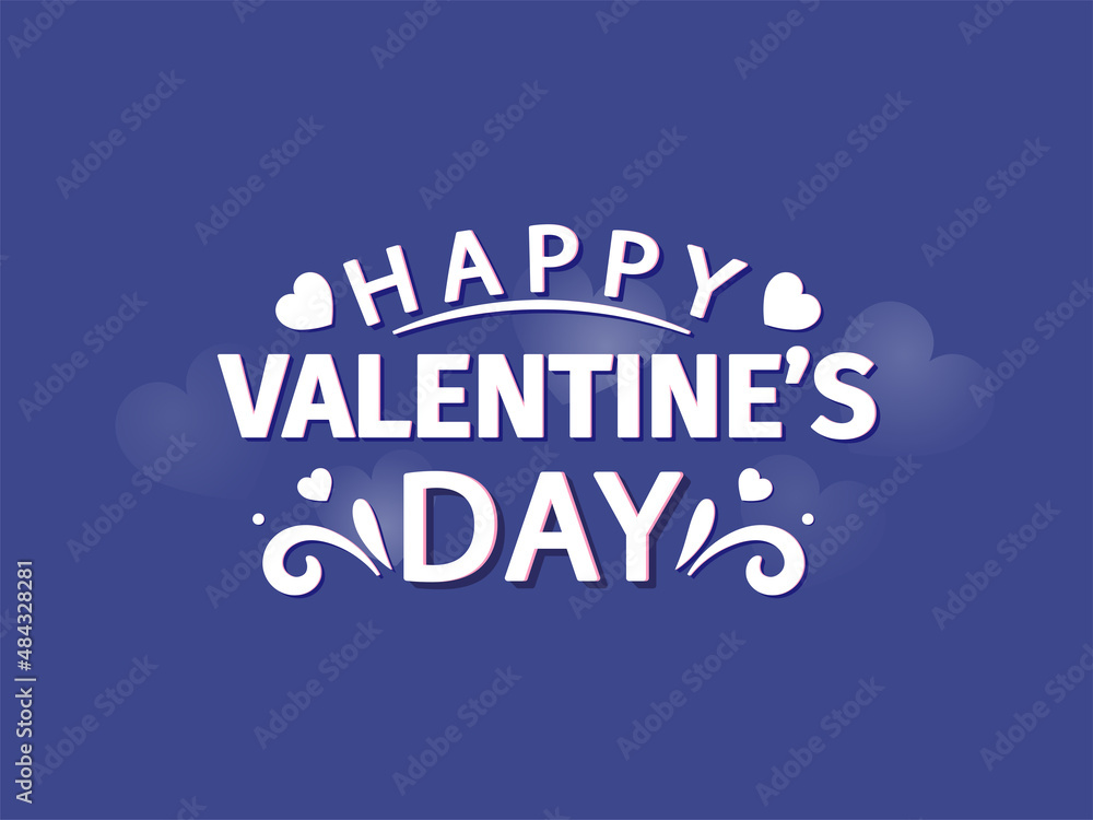 White Happy Valentine's Day Font With Hearts On Blue Background. White Happy Valentine's Day Font With Hearts On Blue Background.