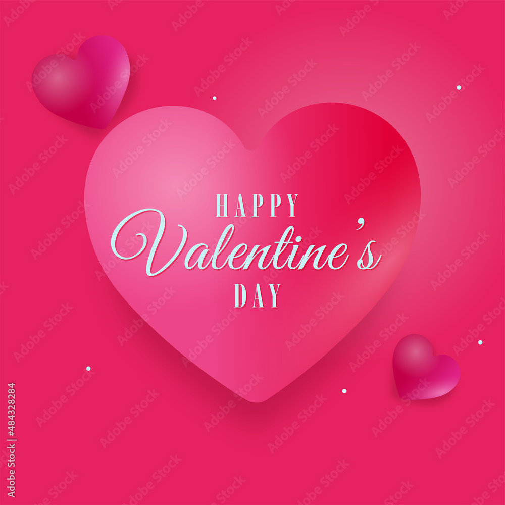 Happy Valentine's Day Concept With Glossy Hearts On Pink Background.