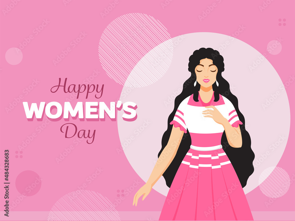 Happy Women's Day Font With Beautiful Teenage Girl Character On Pink Background. Happy Women's Day Font With Beautiful Teenage Girl Character On Pink Background.