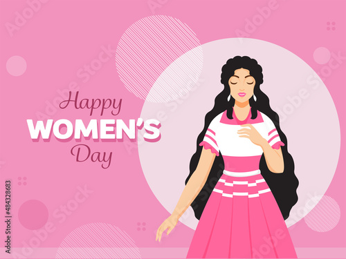 Happy Women's Day Font With Beautiful Teenage Girl Character On Pink Background.