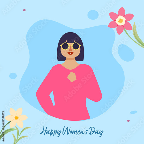Happy Women's Day Poster Design With Young Girl Hand Gesture As Fist On Chest To Show Strength On Blue Background.