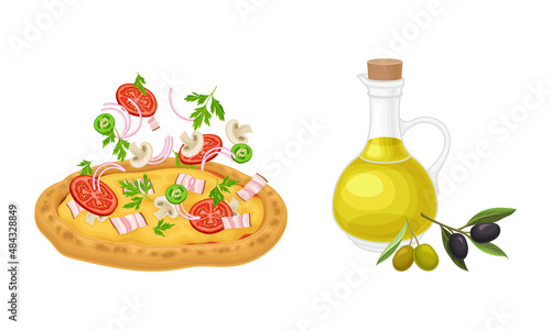 Ingredients for pizza. Traditional italian fast food dish vector illustration