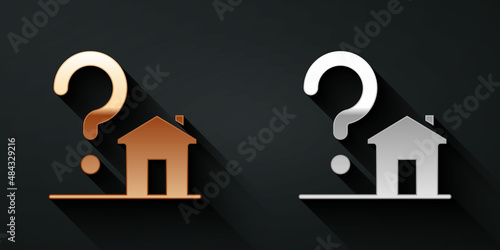 Gold and silver House with question mark icon isolated on black background. Housing problems, questions. Long shadow style. Vector