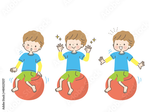 バランスボールに乗る男の子のイラスト素材セット