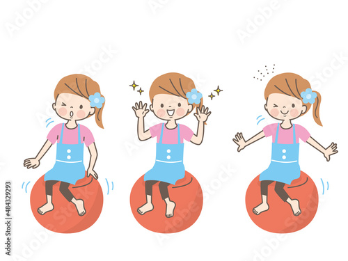 バランスボールに乗る女の子のイラスト素材セット