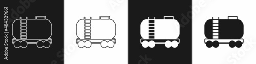 Set Oil railway cistern icon isolated on black and white background. Train oil tank on railway car. Rail freight. Oil industry. Vector