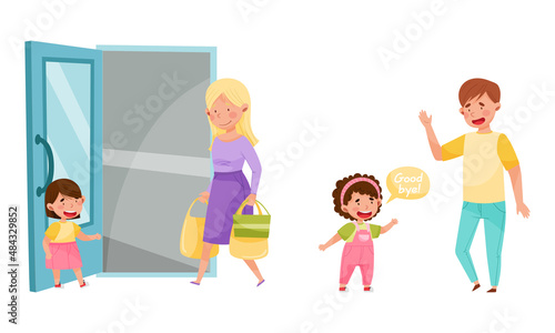 Cute kids showing good manners set. Adorable boys helping to adults and greeting cartoon vector illustration