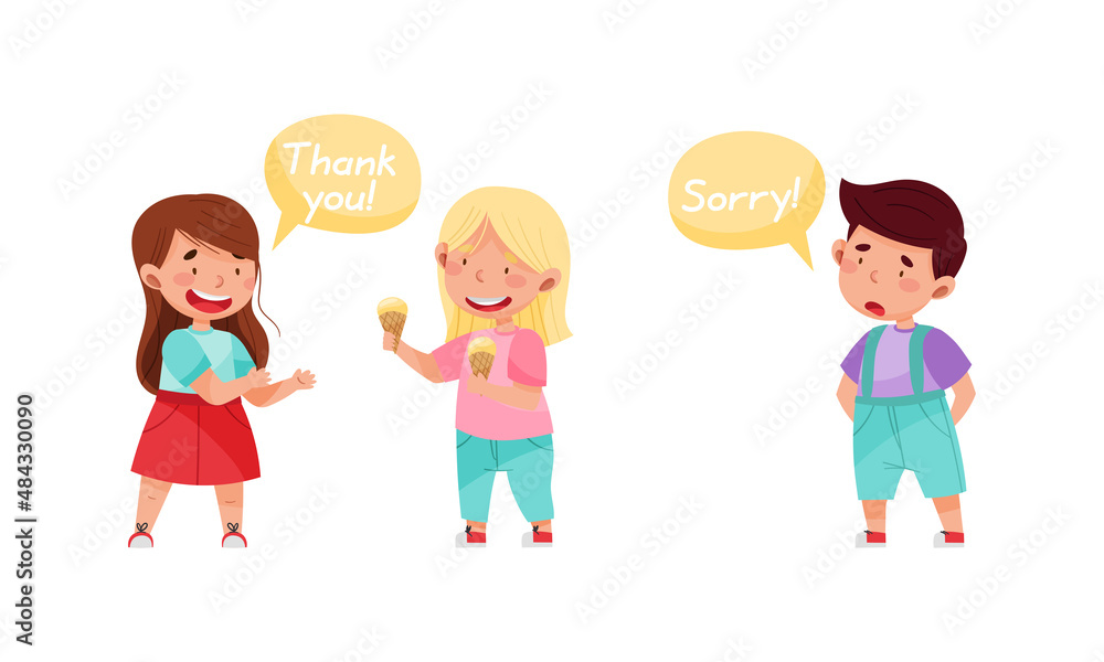 Cute kids with good manners set. Adorable boys and girl sharing sweets and apologising cartoon vector illustration Cute kids with good manners set. Adorable boys and girl sharing sweets and apologising cartoon vector illustration