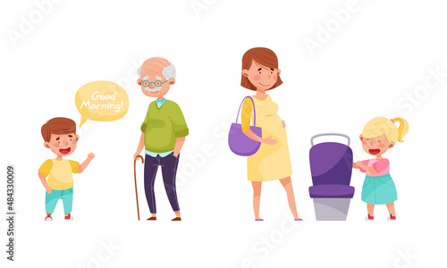 Cute kids with good manners set. Adorable boy and girl greeting and offering seat to woman cartoon vector illustration