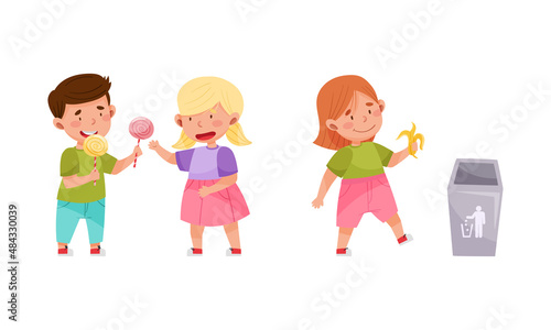 Cute kids with good manners set. Adorable boys and girl sharing sweets and throwing garbage cartoon vector illustration