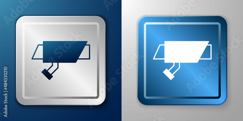 White Security camera icon isolated on blue and grey background. Silver and blue square button. Vector