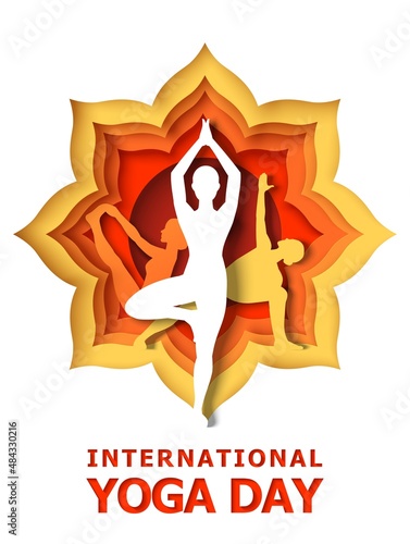 International Yoga Day poster template. Vector illustration in paper art style. Healthy lifestyle.