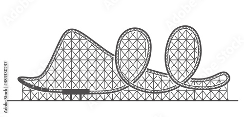 Rollercoaster silhouette. Ride track in amusement park. Scary attraction. Vector outline illustration