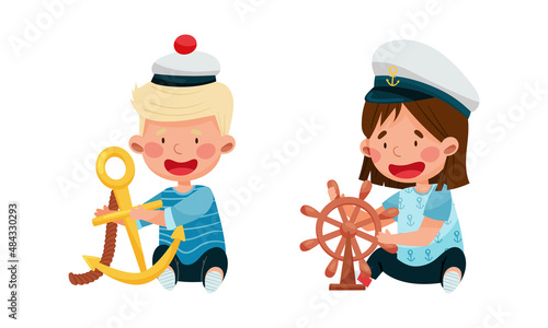Kid sailors set. Little boys and girl in sailor costumes steering wheel and anchor cartoon vector illustration