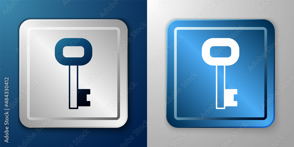 White Old key icon isolated on blue and grey background. Silver and blue square button. Vector White Old key icon isolated on blue and grey background. Silver and blue square button. Vector