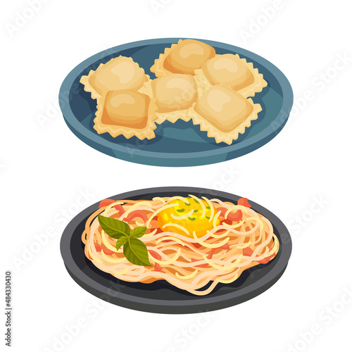 Italian food traditional dishes set. Ravioli and pasta served on plates vector illustration