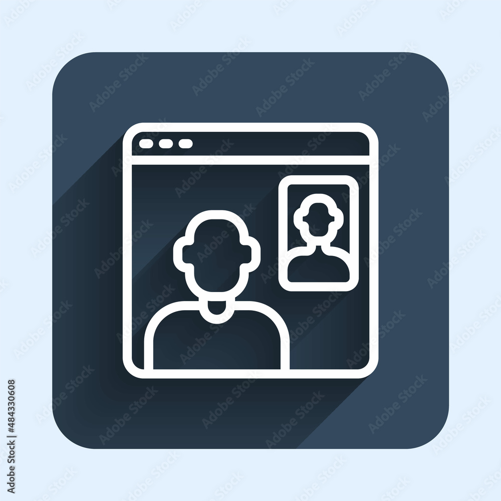 White line Video chat conference icon isolated with long shadow background. Online meeting work form home. Remote project management. Blue square button. Vector White line Video chat conference icon isolated with long shadow background. Online meeting work form home. Remote project management. Blue square button. Vector