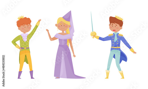  ute little prince and princess set. Little boy and girl dressed as king and queen cartoon vector illustration