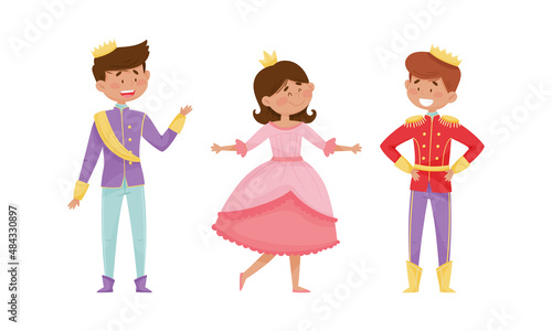  ute little prince and princess set. Little boy and girl dressed carnival costumes cartoon vector illustration