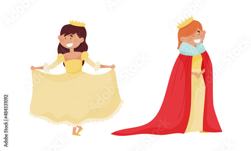  ute little princess and queen set. Adorable little girls dressed carnival costumes cartoon vector illustration