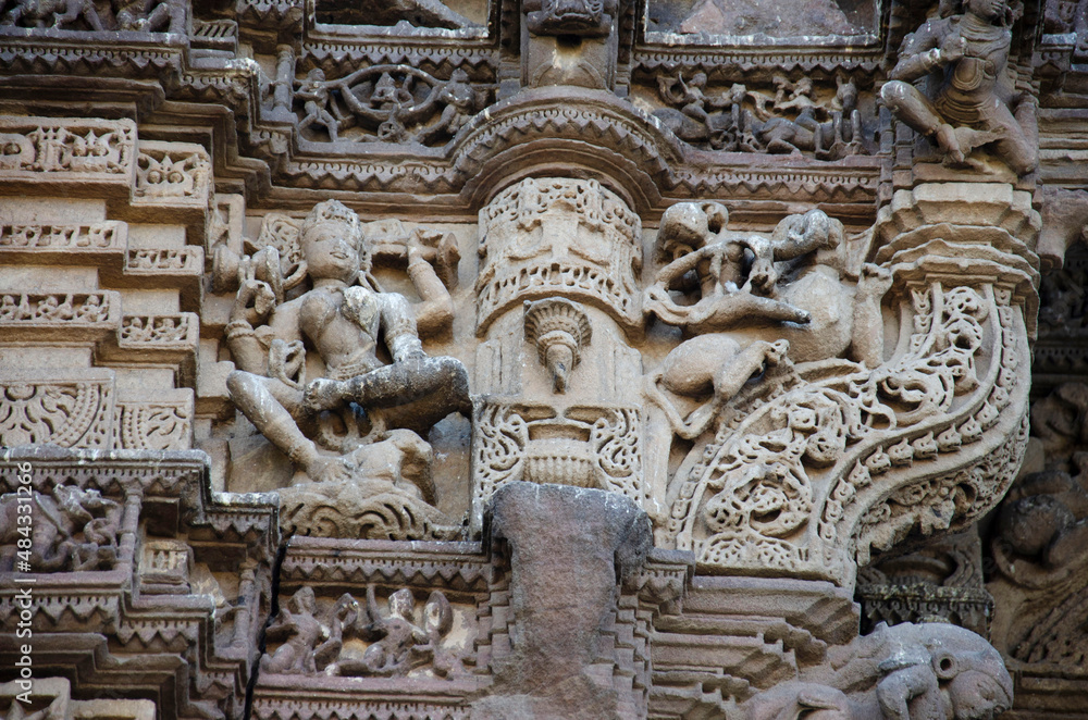 Carved idols on the Vadodara Bhagol also known as the Western gate, located in Dabhoi, Gujarat, India