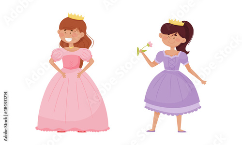  ute little princess set. Adorable little girls dressed nice dress and golden crown cartoon vector illustration