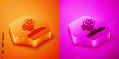 Isometric Insomnia icon isolated on orange and pink background. Sleep disorder with capillaries and pupils. Fatigue and stress. Hexagon button. Vector