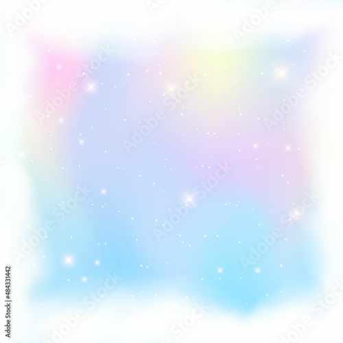 Holographic fantasy rainbow unicorn background with clouds. Pastel color sky. Magical landscape, abstract fabulous pattern and frame. Vector.