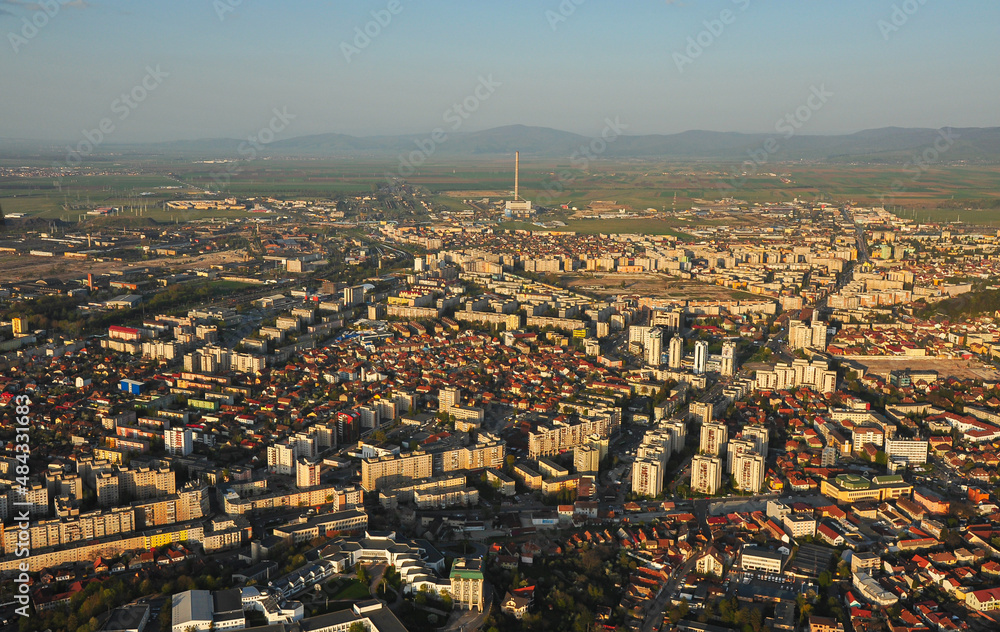 Aerial view over Brasov city from Romania, one of the most well known landmarks in Transylvania.