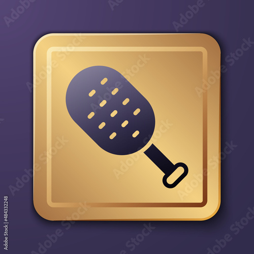 Purple Sauna brush icon isolated on purple background. Wooden brush with coarse bristles for washing in the bath. Anti cellulite massage. Gold square button. Vector