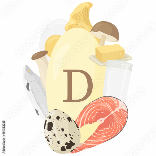 Collection of vitamin D sources. Cholecalciferol fortified food. Dairy products, fish, mushrooms and eggs. Vitamin for the human body. Flat vector design, cartoon, isolated on white background