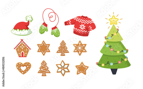 Сhristmas elements set ginger christmas cookies, sweater, hat, mittens