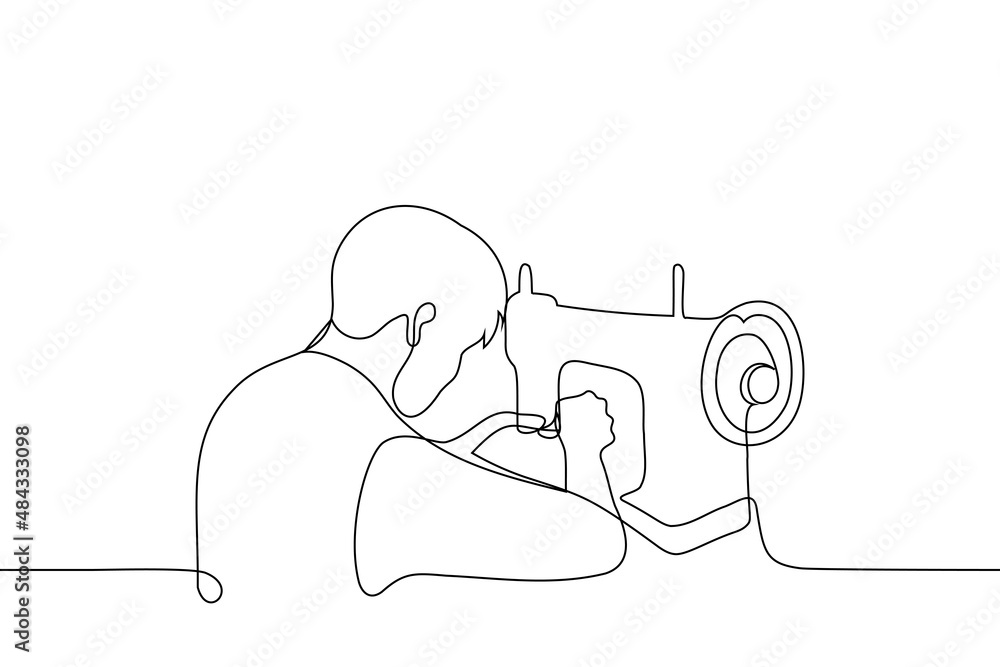 man sitting at vintage sewing machine - one line drawing vector. concept of artisan creates handicrafts, lover of sewing and repairing things, craftsman makes craft items - obrazy, fototapety, plakaty 