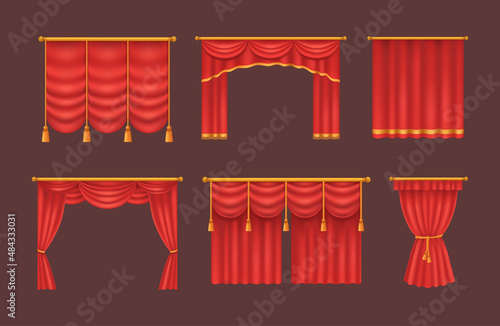 Realistic red theater curtains. Red silk velvet curtains and draperies design interior, theater stage decoration, wedding salon, cinema, hall opera.