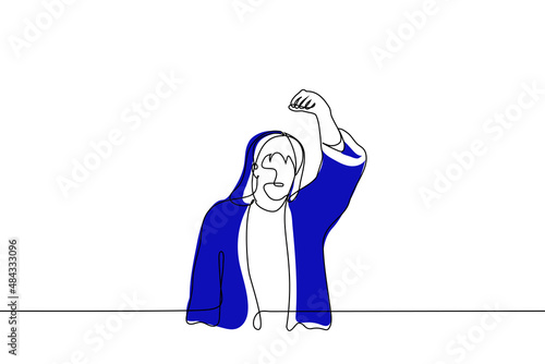 male boxer in blue robe with hood on his head raised his fist in victorious - one line drawing vector. kick ass gesture concept