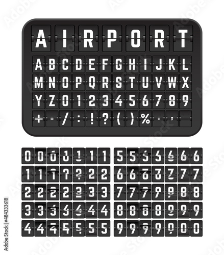 Scoreboard mechanical flip font. Realistic terminal flip board font template for departures and arrivals flight. Flip clock numbers.