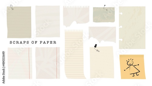 Scraps of paper collection. Stationery decorated pieces of old Checkered and lined paper. Weekly, daily planners, note paper, sticker templates. Vector illustration. Isolated elements.