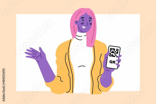 Smiling Girl is showing phone screen with QR code certificate. Identification control. Medical status check point. Concept of electronic pass, health passport, vaccination confirmation. Vector