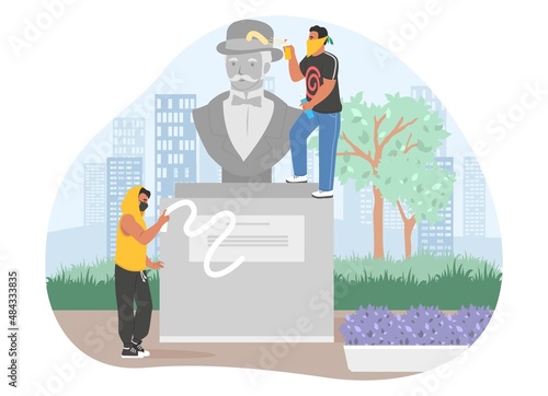 Street hooligans, graffiti painters damaging monument painting it with paint spray, vector illustration. Vandalism.