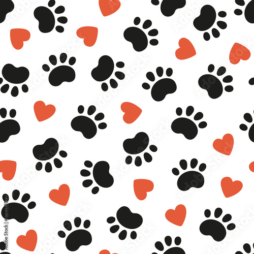 Seamless dog pattern with paw prints and red hearts. Cat foot texture. Pattern with doggy pawprint and hearts. Dog texture. Hand drawn vector illustration in doodle style on white background.