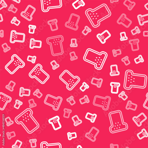 White line Bread toast for sandwich piece of roasted crouton icon isolated seamless pattern on red background. Lunch, dinner, breakfast snack. Vector